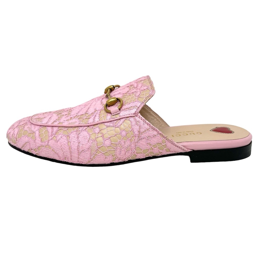 Gucci Princetown Lace Leather Horsebit Mules Size 37 Size 7 Sugar Pink